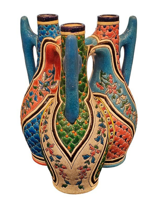 Longwy 19th Century Trilobed Gourd Vase "Scales and Floral Garlands"