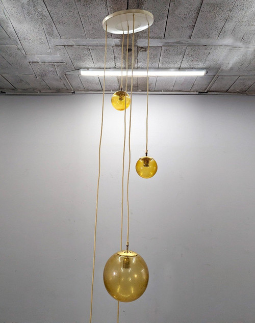 Chandelier Made Up Of 5 Hanging Balls In Orange Bubble Colored Glass, Height 290 Cm