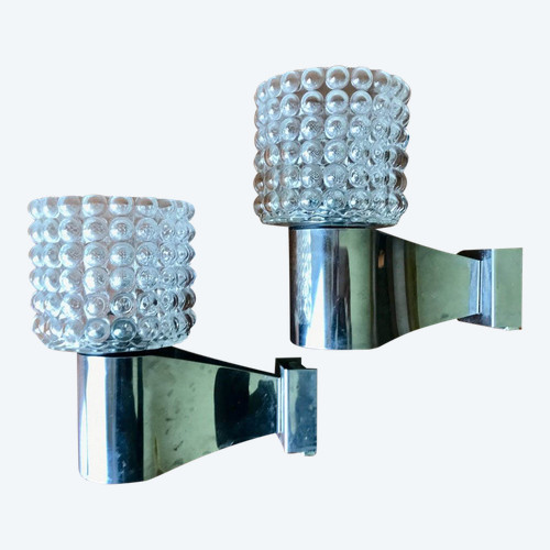 Pair of chrome and glass sconces, circa 1970.