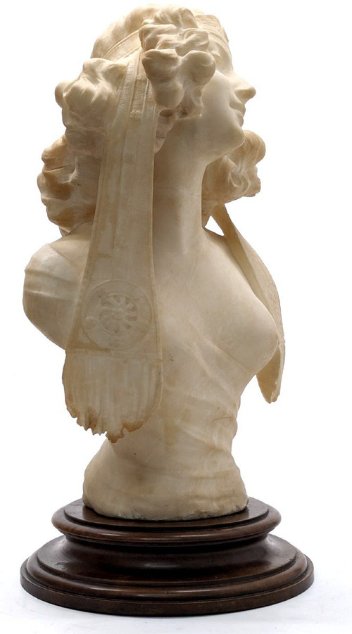 Bust Of Young Oriental Art Nouveau Woman In Alabaster Circa 1900