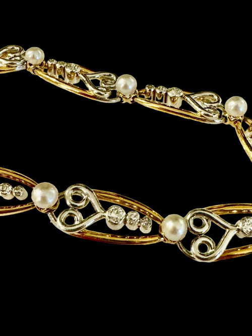 Bracciale in oro, platino, diamanti e perle pregiate