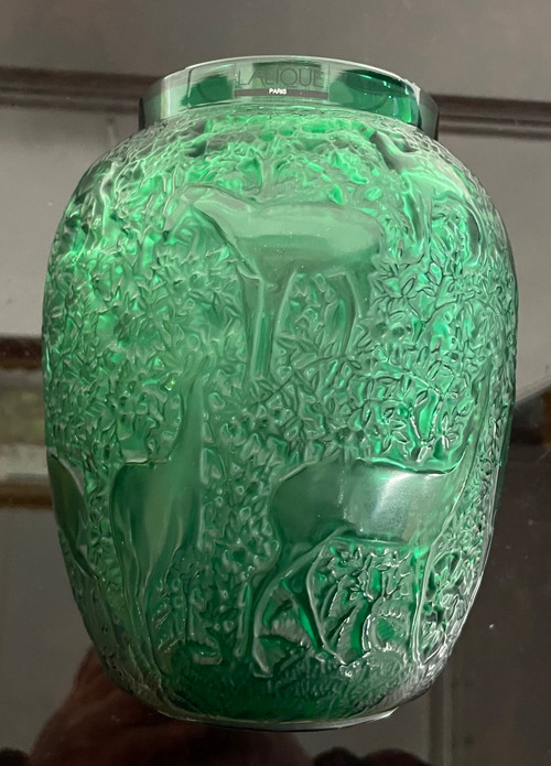 Lalique France - Art Deco Style Green Crystal Doe Vase