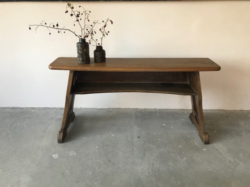 Art and Crafts style organ bench in solid oak.