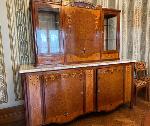 Buffet Art Déco / Art Nouveau Marqueterie De Bois Et Nacre Pâte De Verre Et Bronze