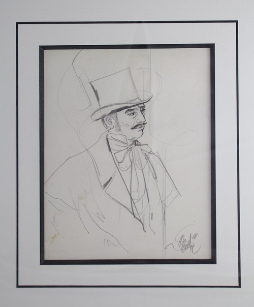 Drawing "Portrait of a man in a top hat" Jean-Baptiste Valadié (born in 1933)