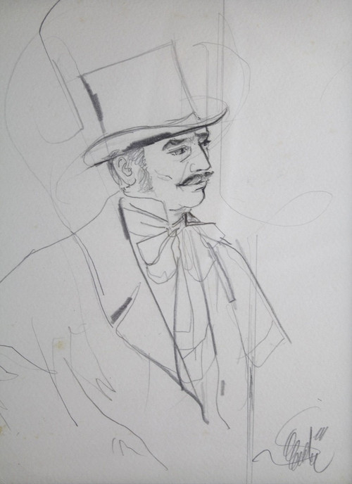 Drawing "Portrait of a man in a top hat" Jean-Baptiste Valadié (born in 1933)