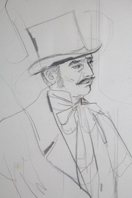 Drawing "Portrait of a man in a top hat" Jean-Baptiste Valadié (born in 1933)