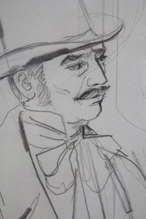 Drawing "Portrait of a man in a top hat" Jean-Baptiste Valadié (born in 1933)