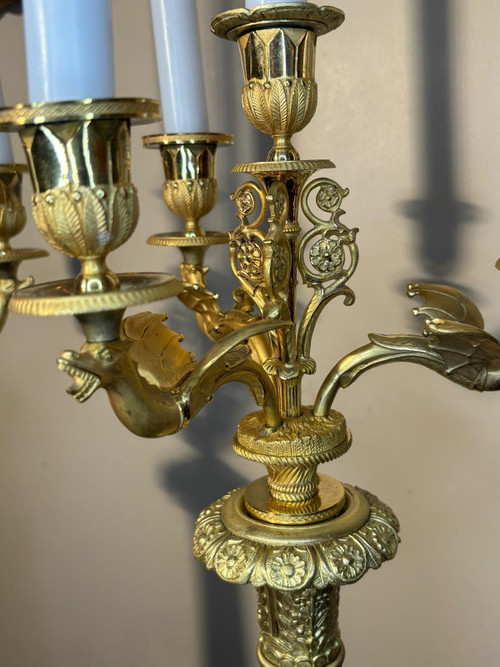 Large pair of candelabra (Flambeaux) in gilded bronze from the beginning of the 19th century.