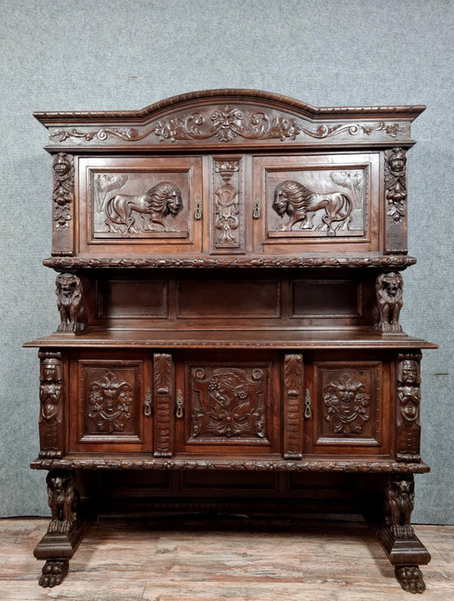 Renaissance style two-body buffet in solid walnut circa 1850