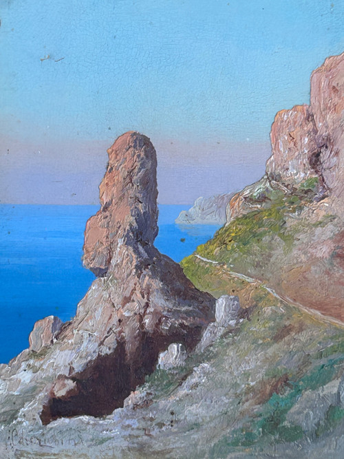 Andréa Cherubini (Born In 1833) View Of Capri - Small Painting On Panel