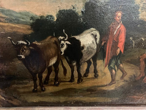 Ancient oil painting on canvas "Landscape with Oxen" from the 17th century Flemish period. Size 57 x