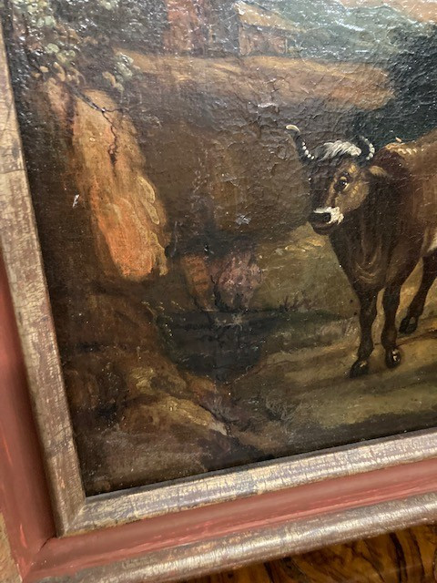 Ancient oil painting on canvas "Landscape with Oxen" from the 17th century Flemish period. Size 57 x