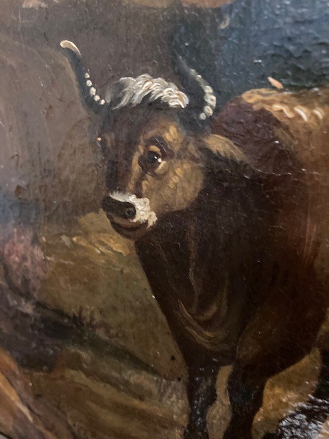 Ancient oil painting on canvas "Landscape with Oxen" from the 17th century Flemish period. Size 57 x