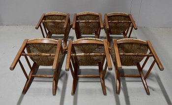 Suite de 6 Chaises Paillées en Merisier Blond - 2ème moitié du XIXe 