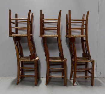 Suite de 6 Chaises Paillées en Merisier Blond - 2ème moitié du XIXe 