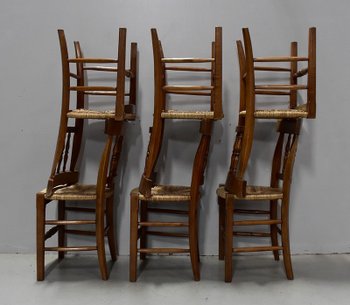 Suite de 6 Chaises Paillées en Merisier Blond - 2ème moitié du XIXe 