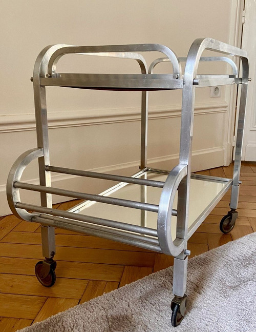 France, 1950s/60s, Aluminum Caster Table And Its Removable Jacques Adnet Style Top.