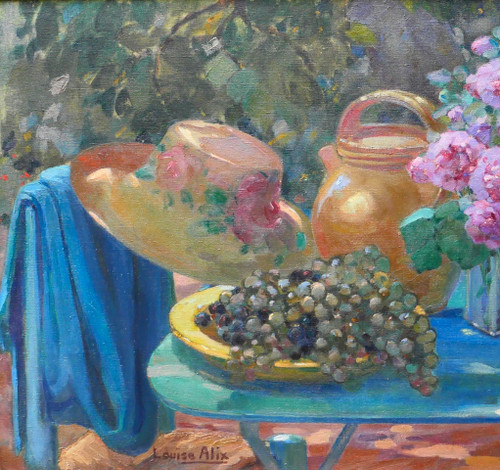 Louise ALIX 1888-1980 Nature morte au jardin : fleurs, raisins et chapeau, tableau, 1920-30