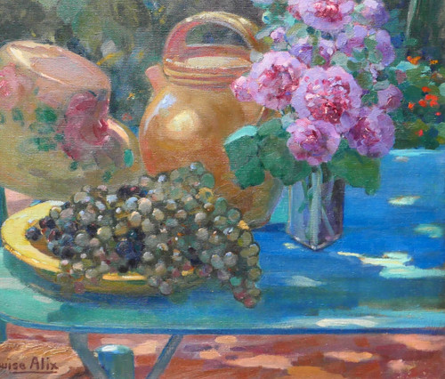 Louise ALIX 1888-1980 Nature morte au jardin : fleurs, raisins et chapeau, tableau, 1920-30