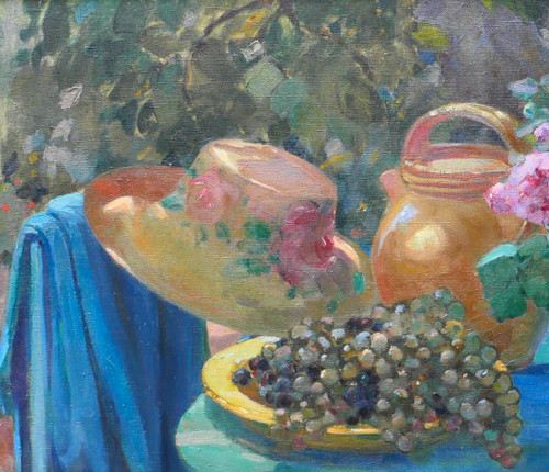 Louise ALIX 1888-1980 Nature morte au jardin : fleurs, raisins et chapeau, tableau, 1920-30