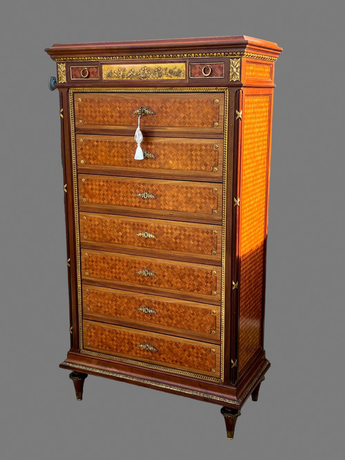 19th C. LOUIS XVI STYLE WEEKLY DIAL IN CUBE MARQUETRY DECORATED WITH GILT BRONZE