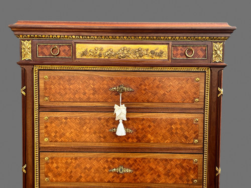 19th C. LOUIS XVI STYLE WEEKLY DIAL IN CUBE MARQUETRY DECORATED WITH GILT BRONZE