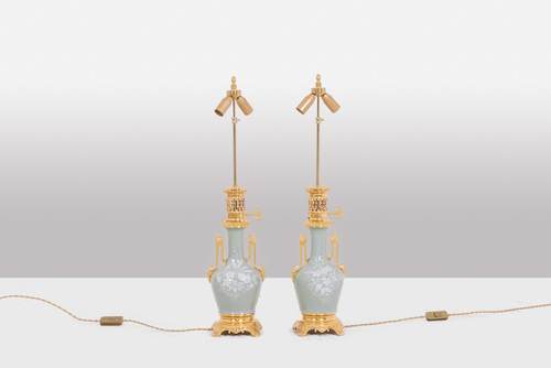 Pair of Celadon porcelain and gilded bronze lamps. Circa 1880.