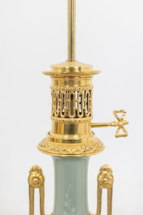 Pair of Celadon porcelain and gilded bronze lamps. Circa 1880.