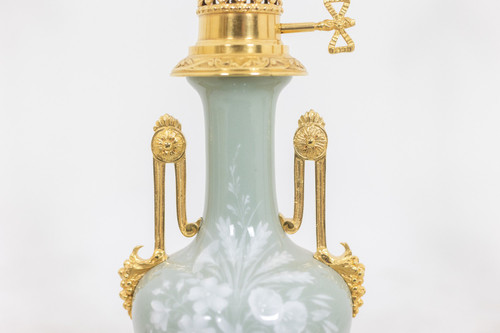 Pair of Celadon porcelain and gilded bronze lamps. Circa 1880.