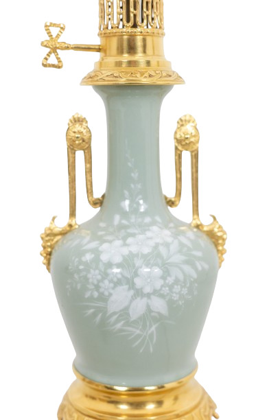 Pair of Celadon porcelain and gilded bronze lamps. Circa 1880.