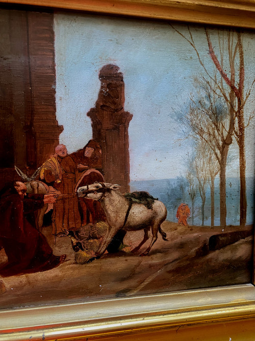 Oil on wood scene of the food carried by donkeys arriving at the convent French Ec.19th century