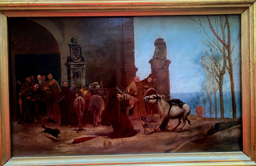 Oil on wood scene of the food carried by donkeys arriving at the convent French Ec.19th century