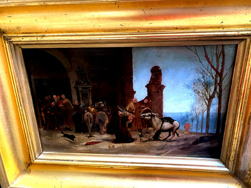 Oil on wood scene of the food carried by donkeys arriving at the convent French Ec.19th century