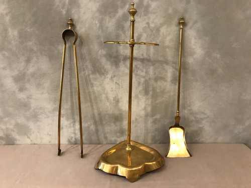 Antique 19th century brass fireplace set with shovel and tongs