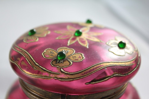 Pink glass box decorated with enamel, gilding and cabochons circa 1900