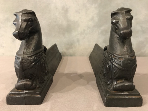 Pair of late 19th century antique cast iron andirons depicting horses