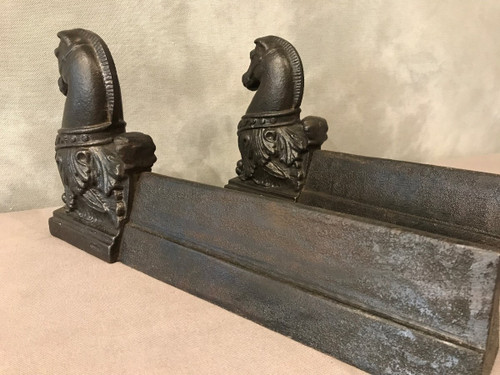 Pair of late 19th century antique cast iron andirons depicting horses