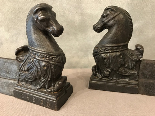 Pair of late 19th century antique cast iron andirons depicting horses