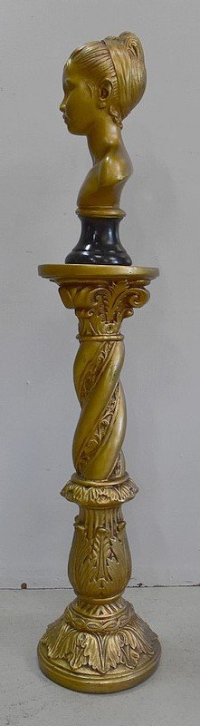  Bust of a Girl and Twisted Column, in Golden Plaster - 1900 - 1920