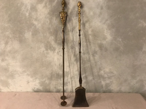 Set of an iron and bronze shovel and tongs, 19th century