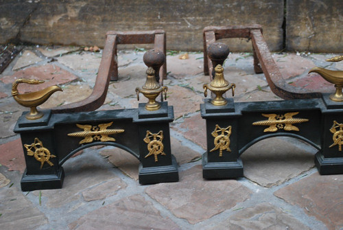 Pair Of 19th Century Black And Gold Bronze Andirons