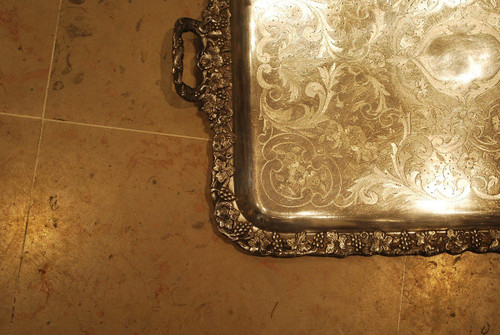 Silver Metal Tray, 19th Century Vine Branches