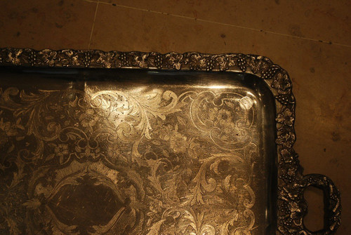 Silver Metal Tray, 19th Century Vine Branches