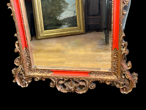 GRAND MIROIR ANCIEN EN BOIS SCULPTÉ PEINT ET DORÉ STYLE ITALIEN XVIIIe