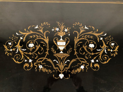 Black lacquered wood table with central brass inlaid decoration, Napoleon III