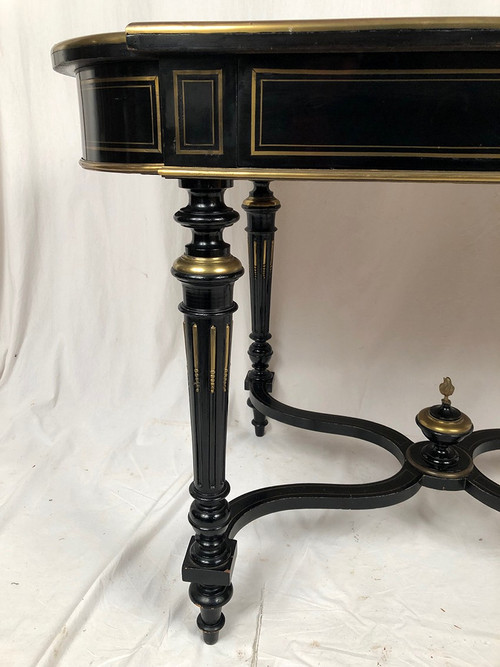 Black lacquered wood table with central brass inlaid decoration, Napoleon III