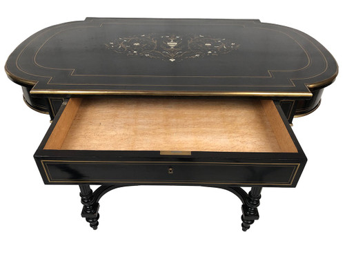 Black lacquered wood table with central brass inlaid decoration, Napoleon III