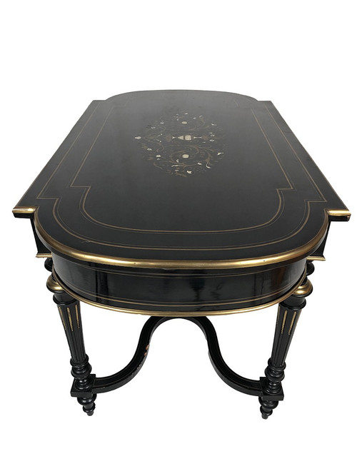 Black lacquered wood table with central brass inlaid decoration, Napoleon III