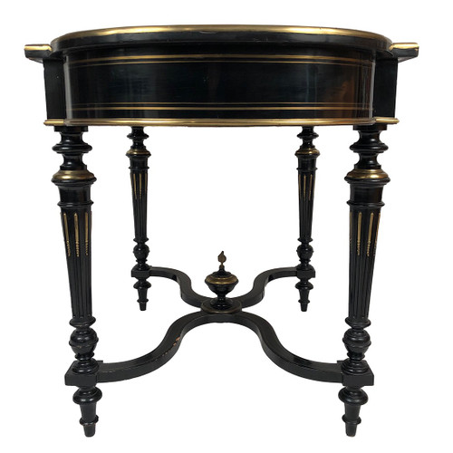 Black lacquered wood table with central brass inlaid decoration, Napoleon III